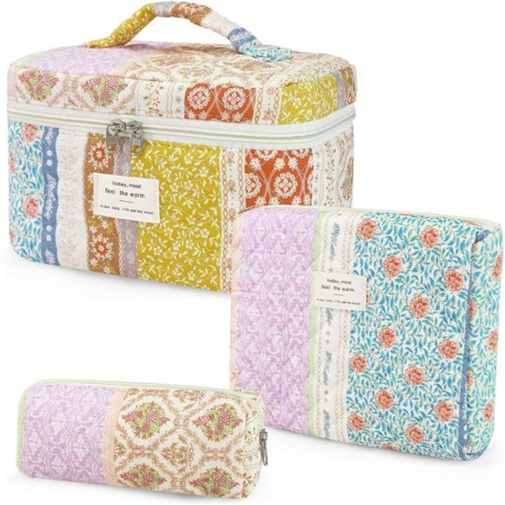 Large floral cotton makeup bag set quilted cosmetic toiletry travel organizer